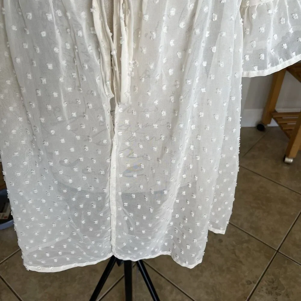 Women's Swiss-Dot Sheer Tie Front Flutter Short Sleeve Swim Coverup Sheer Ivory